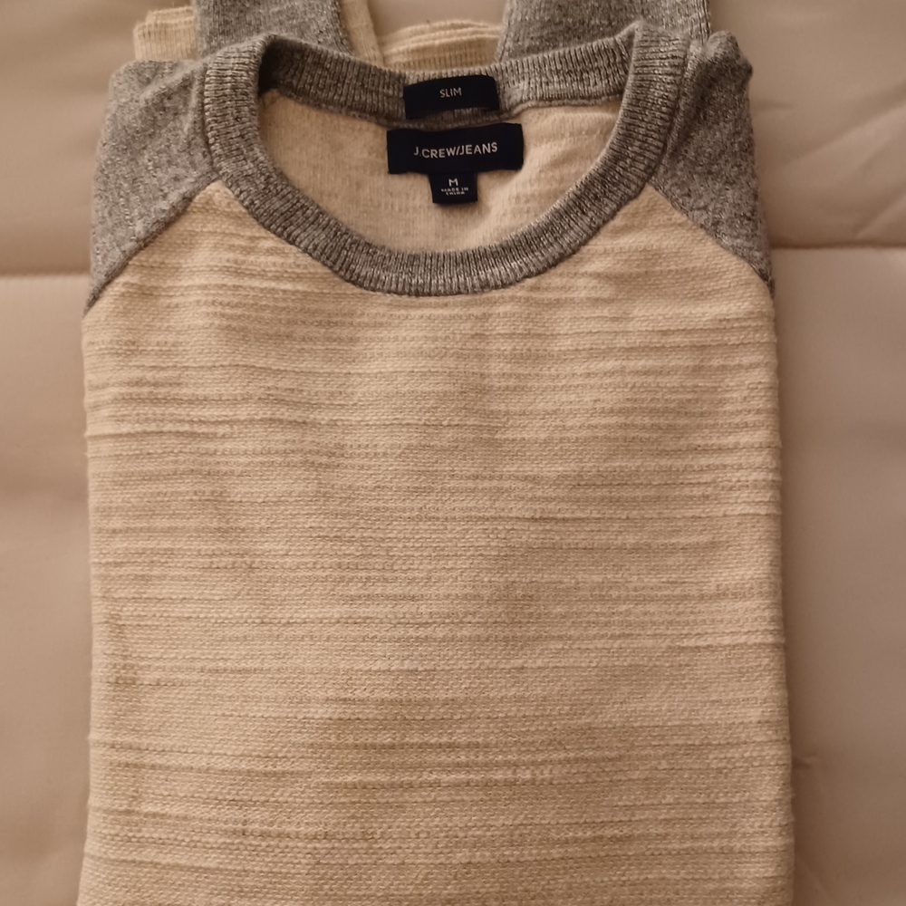 J. Crew Cream and Gray Raglan Crewneck Sweater